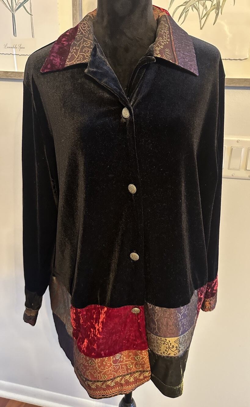 Notations Woman 1X Jacket Black Velvet Patchwork Boho Festival Eclectic Vintage
